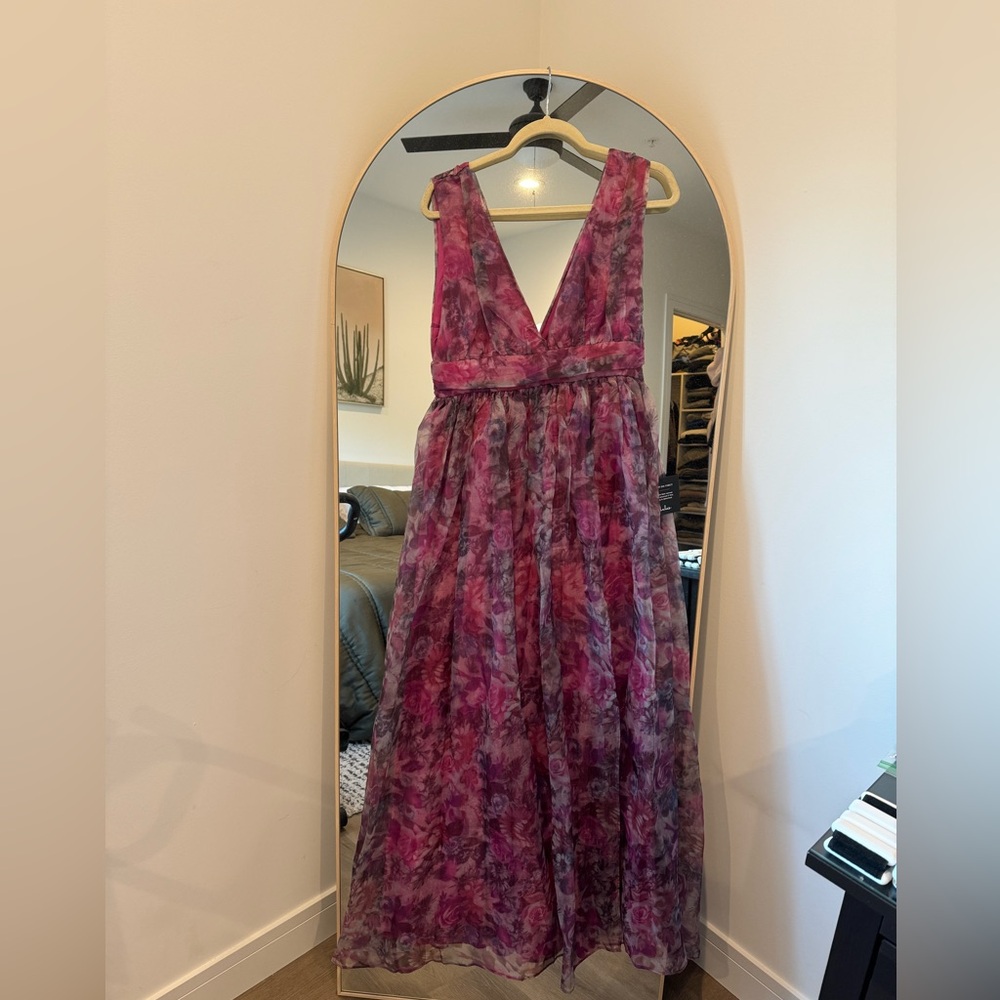 Lulu’s Magenta Floral Print Organza Formal Maxi Dress - NEW